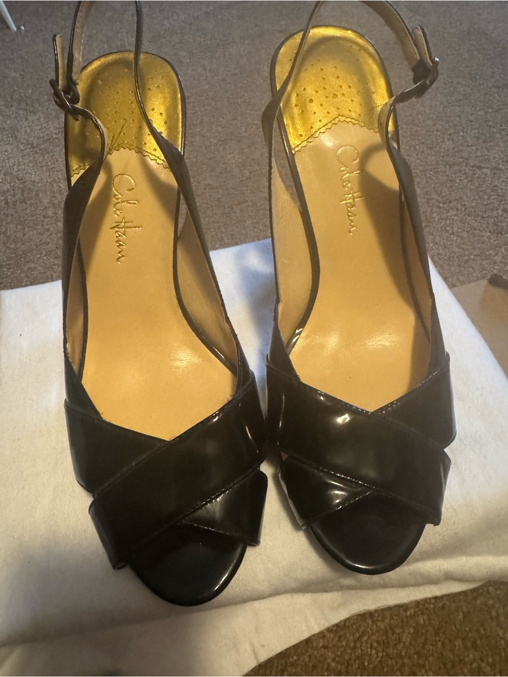 Cole Haan Black Patent Leather Crisscross Slingback Sandals